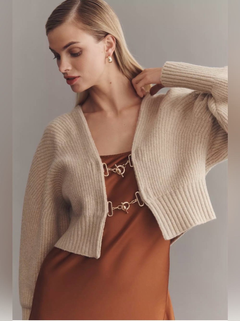 By Anthropologie Rhea Hardware Crop Cardigan Sweater in Neutral NEW